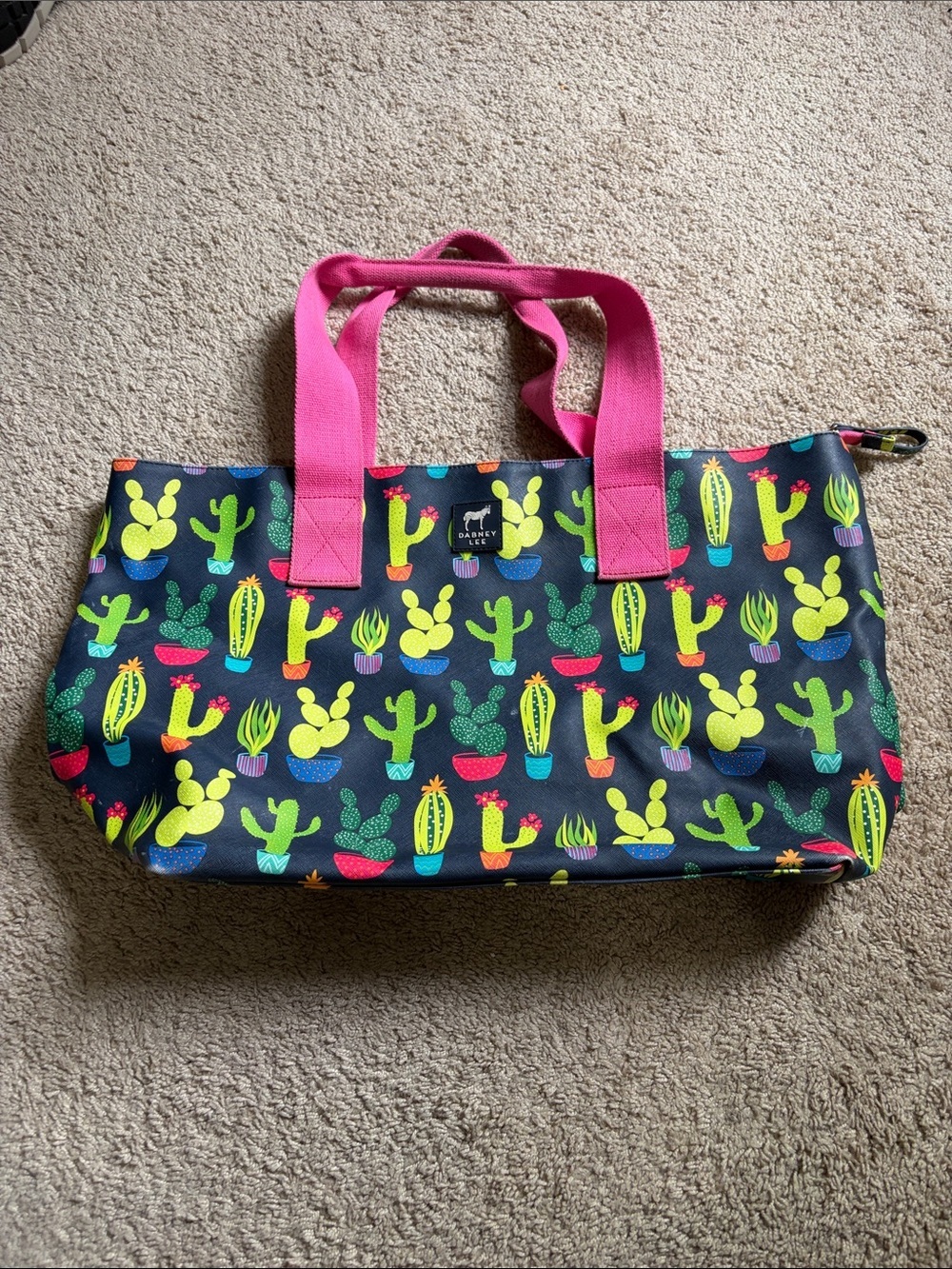 Dabney Lee Blue & Pink Cactus Zipper Top Tote Bag